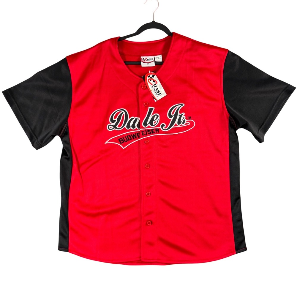 Dale Jr NASCAR Budweiser Red Black Button Jersey Shirt Racing Graphic Men XL NWT